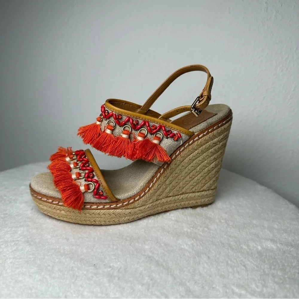 Tory Burch Vibrant Orange and Tan Espadrille Wedges Sandals